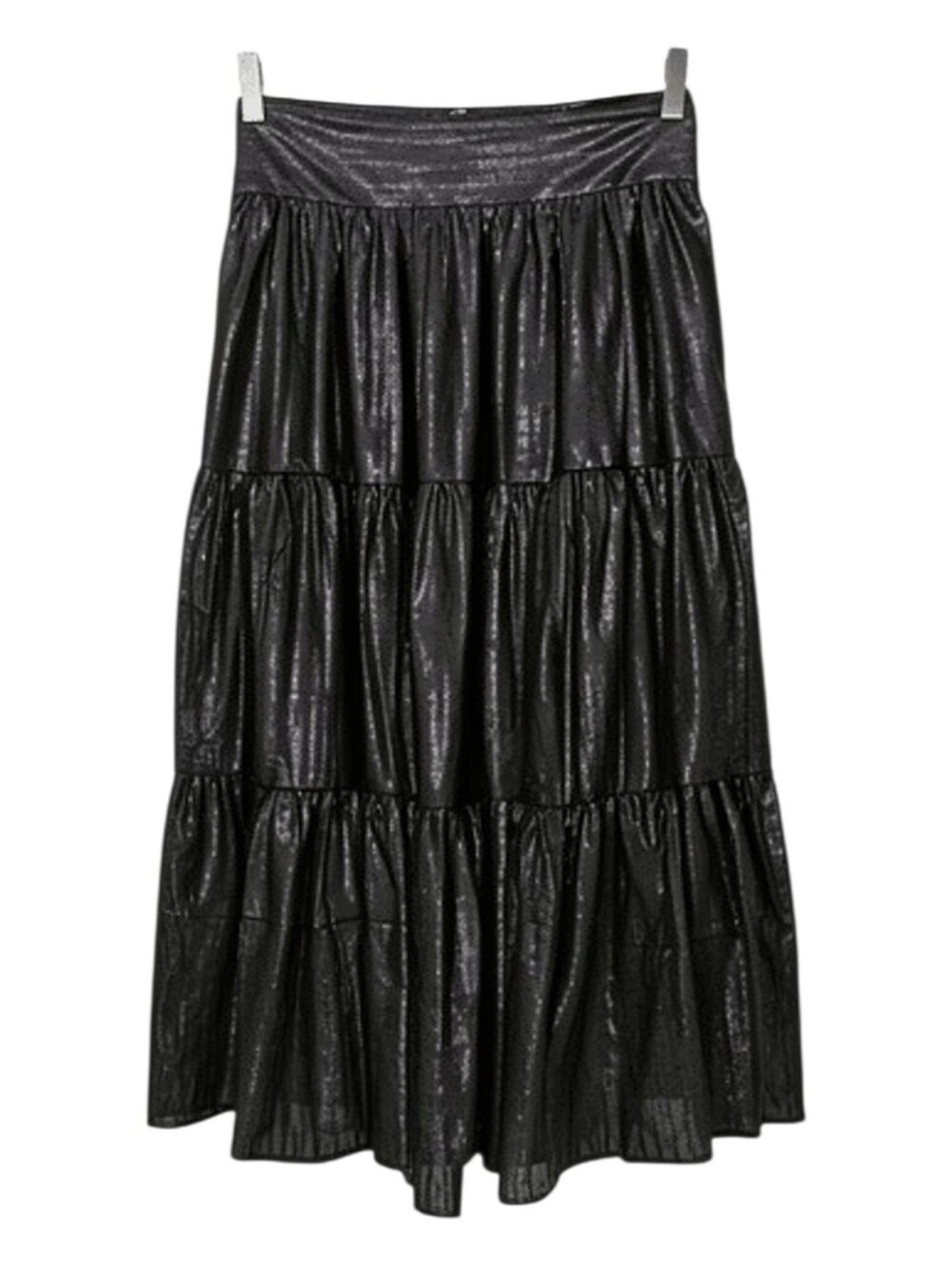MELLODAY Romantic Black Tiered Maxi Skirt With Metallic Accent With Pockets